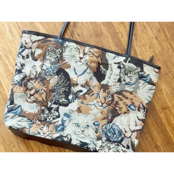 Vintage ACCESSORY WORKS Tapestry Cat Kitten Bag Purse Tote 80s / 90s - Picture 2 of 5